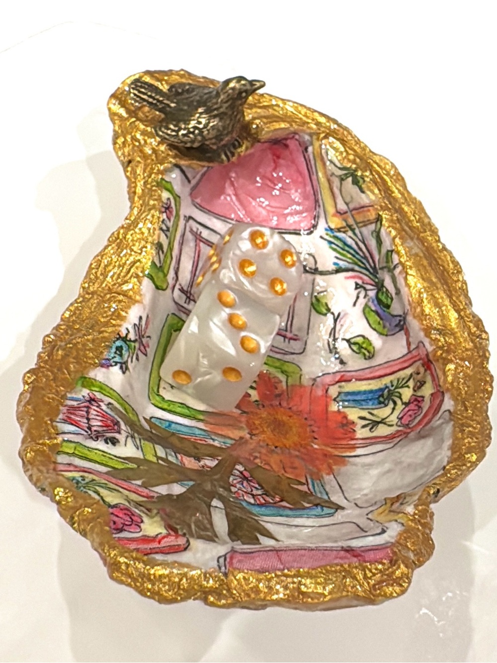 Mahjong Dice Oyster Dish Gold-Trimmed  pressed flower with Lucky Sparrow